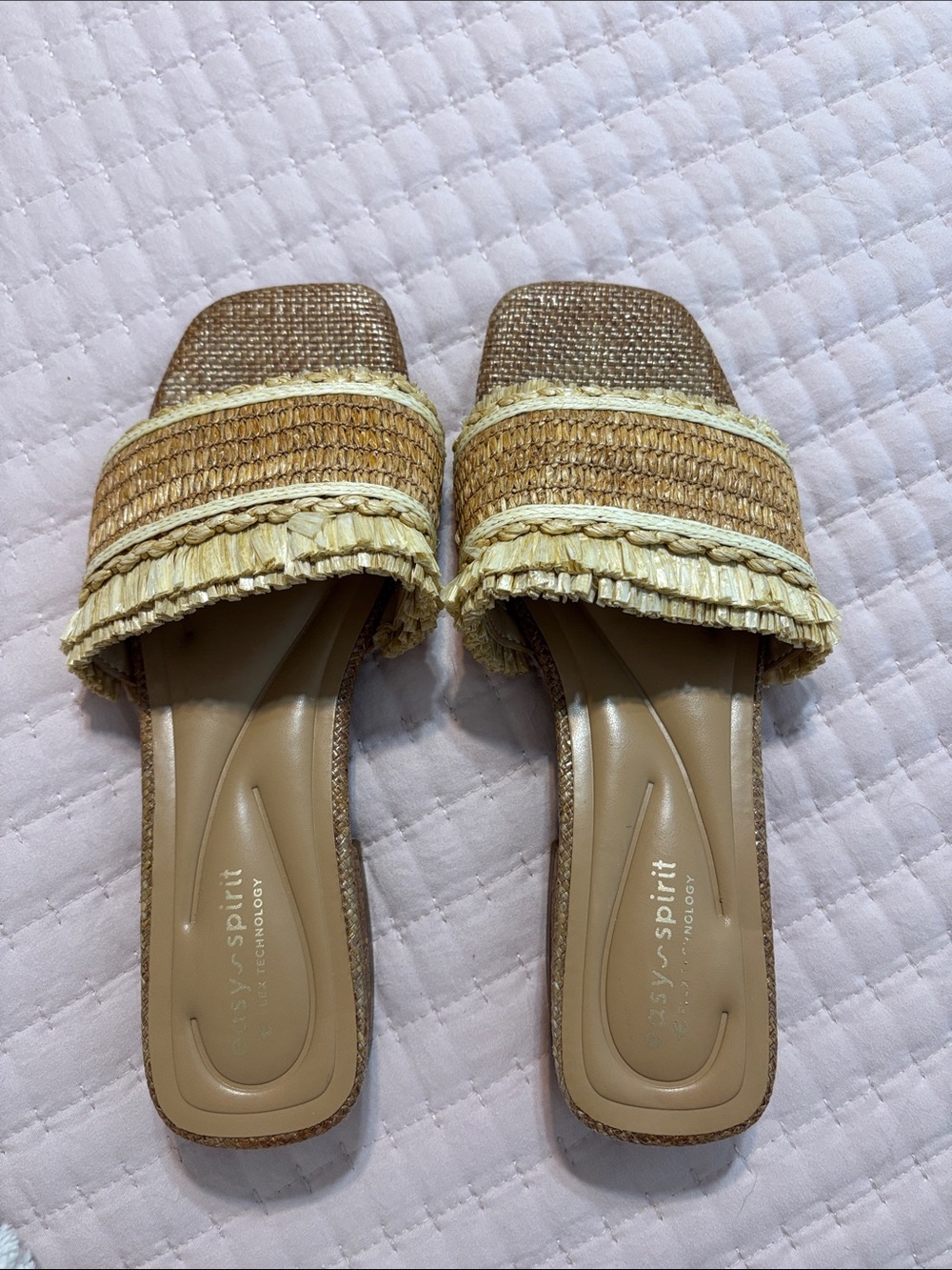 Easy Spirit Natural Raffia Fringe Slide Sandals